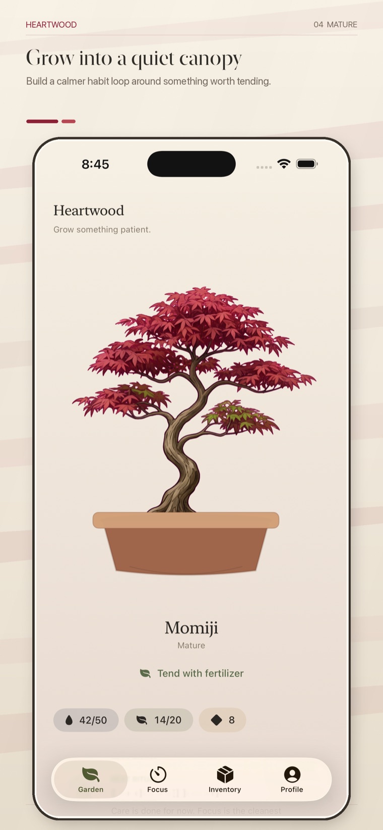 Heartwood app showing a mature bonsai garden in the iPhone interface