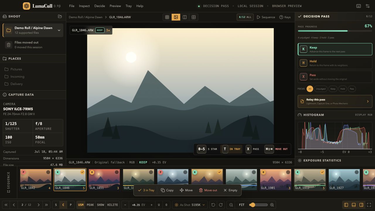 LumaCull product interface preview showing photo selection, keep and hold controls